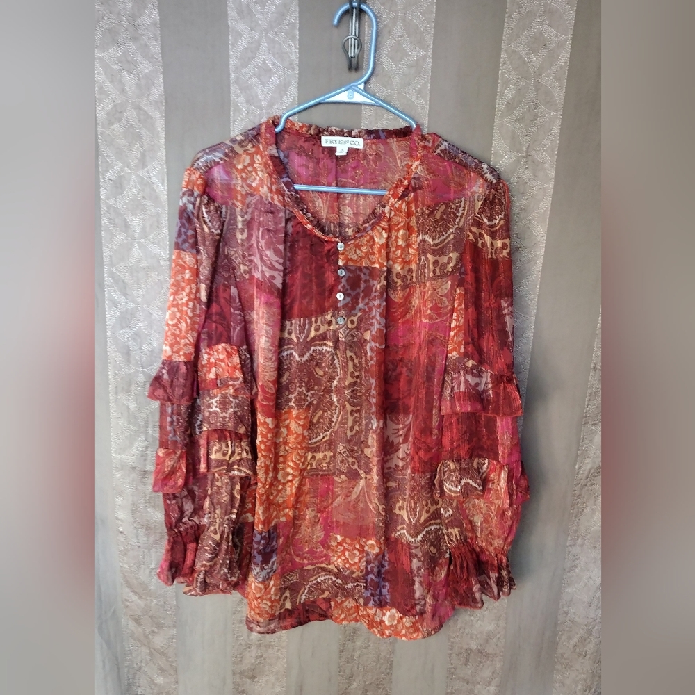Frye Womens Red Multi Paisley Peasant Blouse
